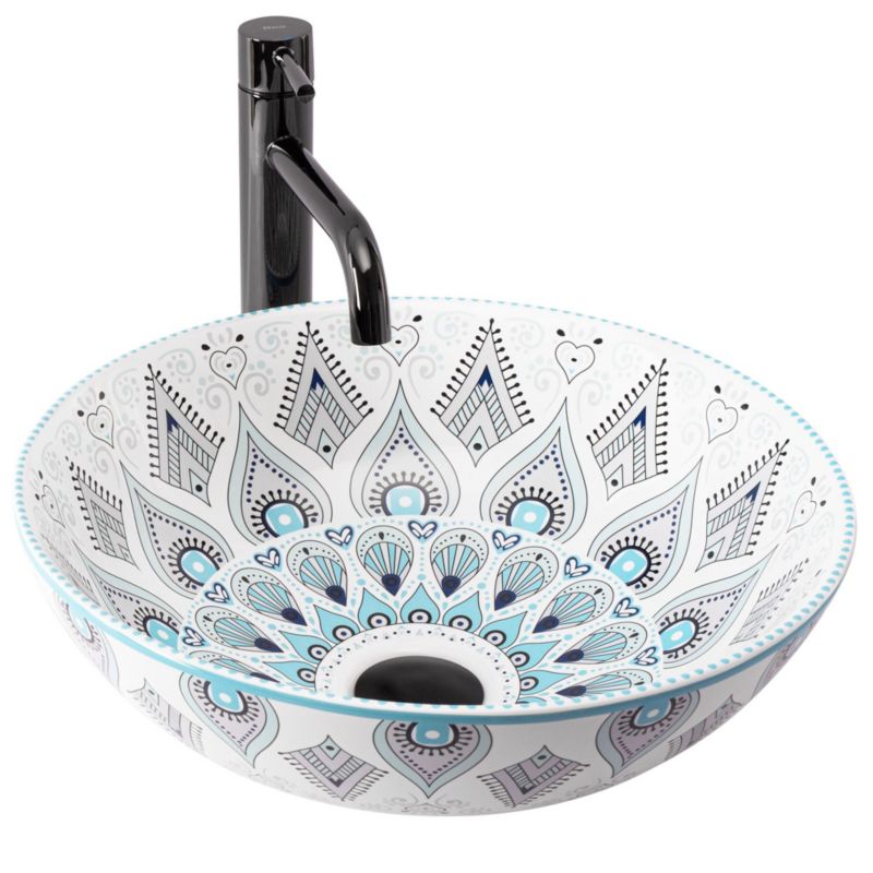 Umywalka Nablatowa Rea Mandala Okrągła Biały Niebieski 45,5X28,5X10,5Cm 1 Szt