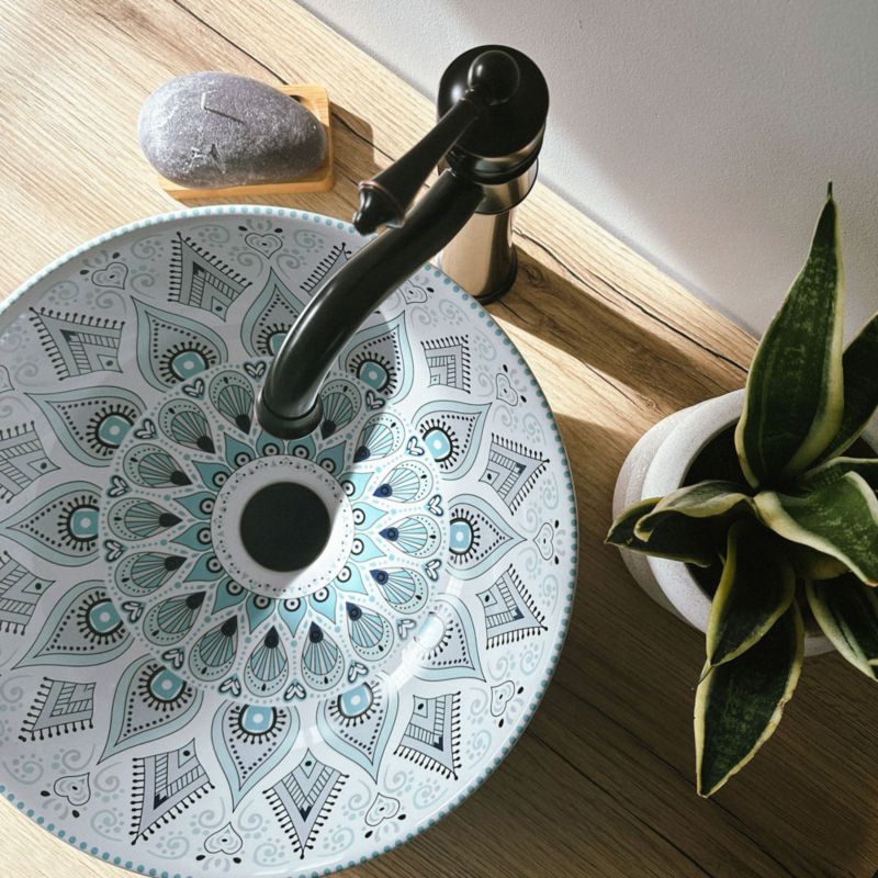 Umywalka Nablatowa Rea Mandala Okrągła Biały Niebieski 45,5X28,5X10,5Cm 1 Szt
