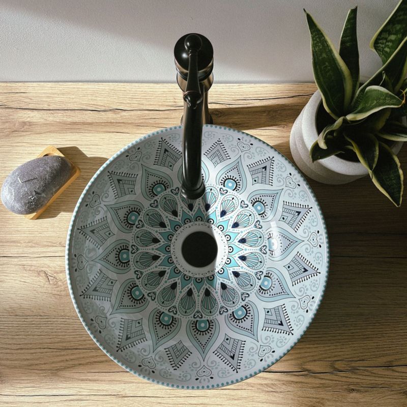 Umywalka Nablatowa Rea Mandala Okrągła Biały Niebieski 45,5X28,5X10,5Cm 1 Szt