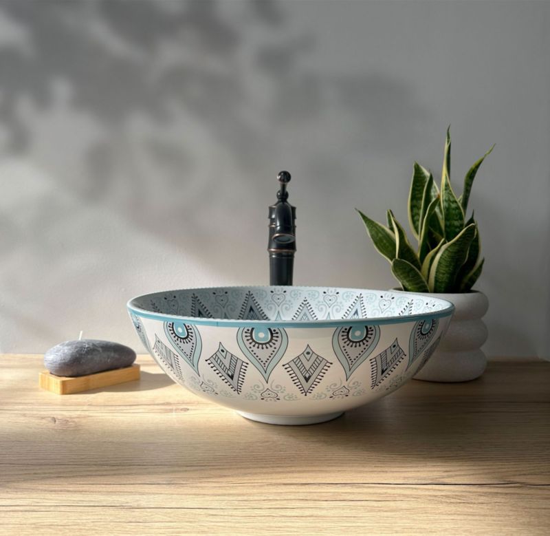 Umywalka Nablatowa Rea Mandala Okrągła Biały Niebieski 45,5X28,5X10,5Cm 1 Szt