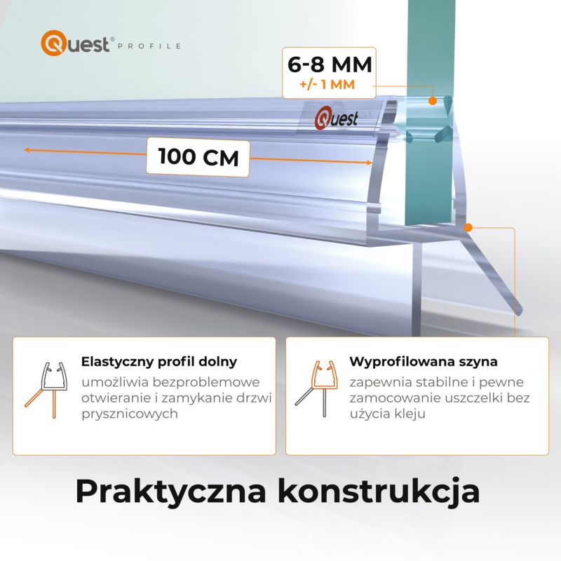 Uszczelka do drzwi prysznicowych 100 cm QUEST, dolna, do szkła 6-8 mm, transparentna,  2 szt.