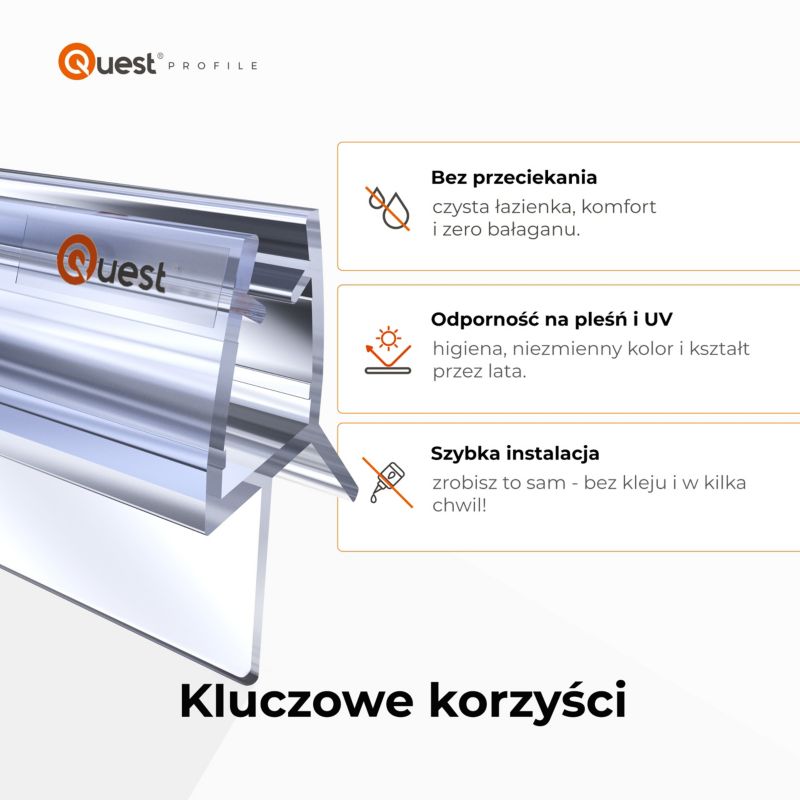Uszczelka do drzwi prysznicowych 100 cm QUEST, dolna, do szkła 6-8 mm, transparentna,  2 szt.