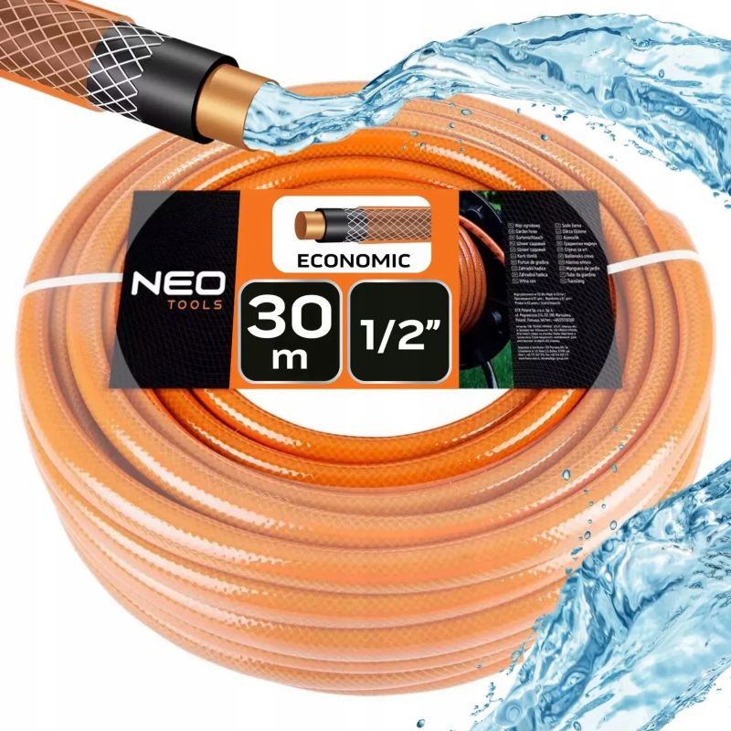 Wąż ogrodowy na małym bębnie ze zraszaczem prostym i złączkami NEO TOOLS, 30 m, 1/2", 1 kpl