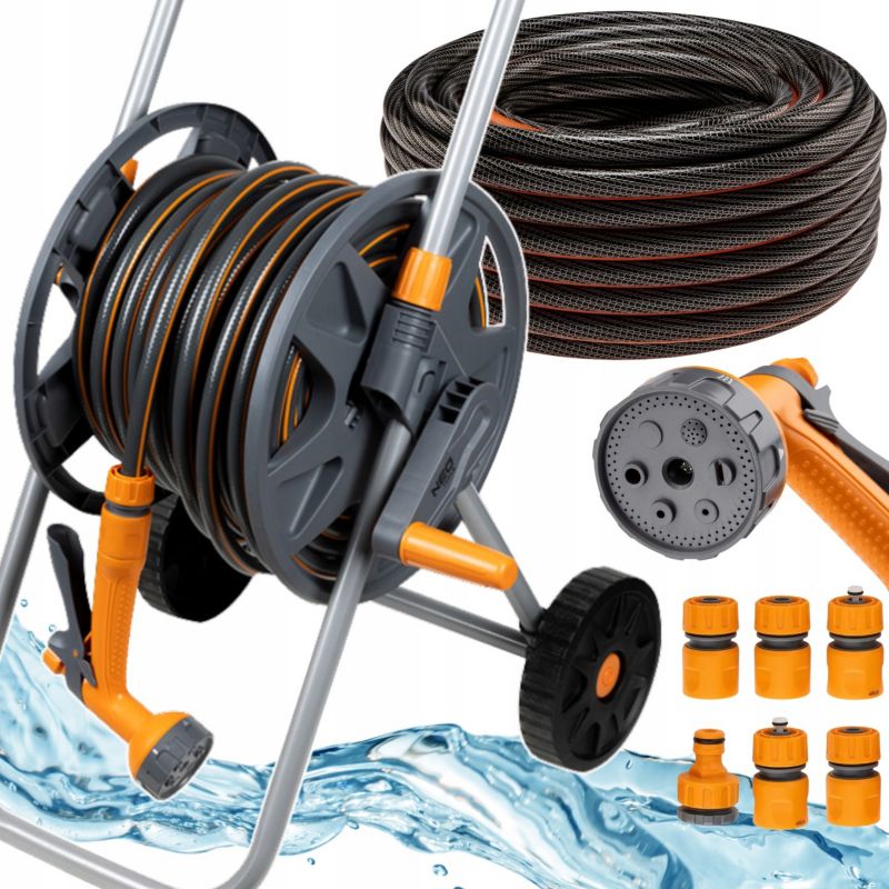 Wąż ogrodowy nawinięty na bębnie z pistoletem zraszającym i złączkami NEO TOOLS  30m 1/2" 1 kpl