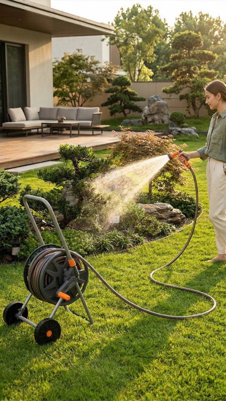 Wąż ogrodowy nawinięty na bębnie z pistoletem zraszającym i złączkami NEO TOOLS  30m 1/2" 1 kpl