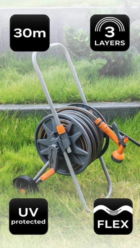 Wąż ogrodowy nawinięty na bębnie z pistoletem zraszającym i złączkami NEO TOOLS  30m 1/2" 1 kpl