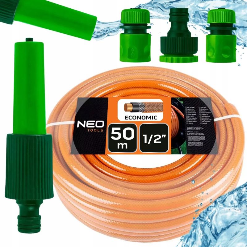 Wąż ogrodowy ze zraszaczem prostym i złączkami NEO TOOLS, 50 m, 1/2", 1 kpl.