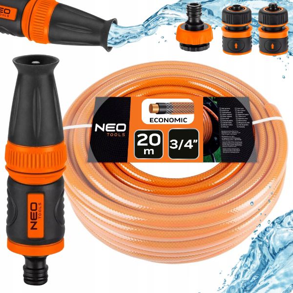 Wąż ogrodowy ze zraszaczem prostym, złączkami i przyłączem do kranu NEO TOOLS, 20 m, 3/4", 1 kpl.