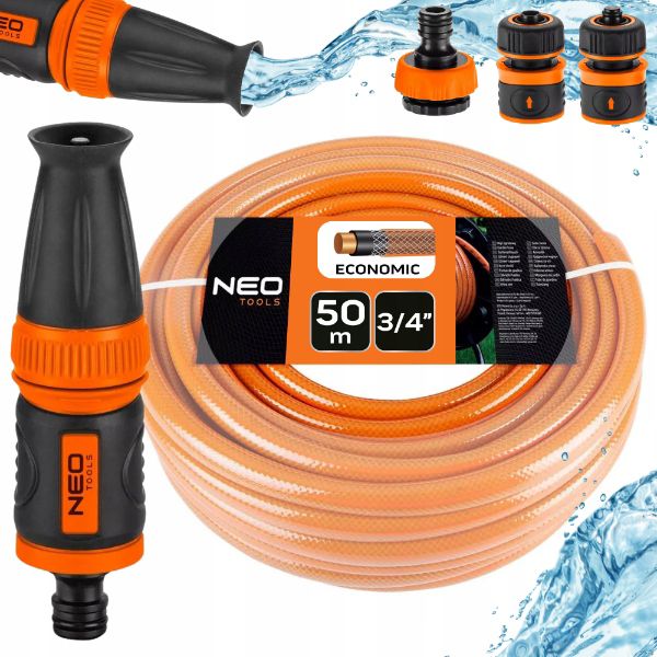 Wąż ogrodowy ze zraszaczem prostym, złączkami i przyłączem do kranu NEO TOOLS, 50 m, 3/4", 1 kpl.