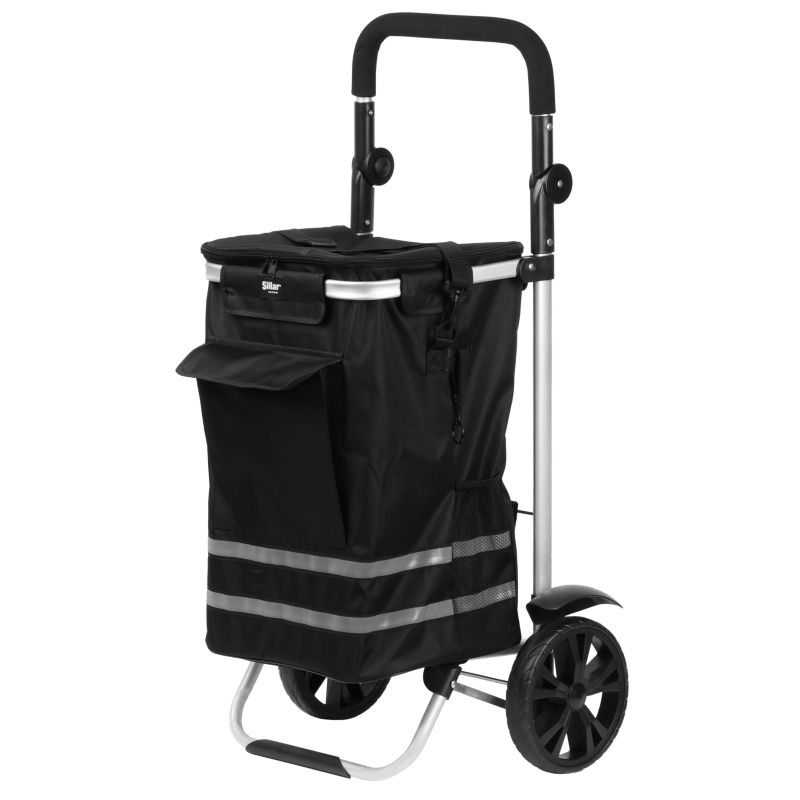 Wózek na zakupy, Sillar, z komorą chłodzącą, torba XXL, na kółkach, wodoodporny, 56L, aluminium, czarny, 1szt
