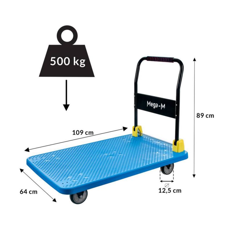 Wózek platformowy magazynowy transportowy Mega-M składany udźwig 500kg niebieski 1szt.