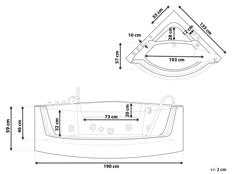 Wanna narożna LED z hydromasażem 190 x 135 cm czarna Marina 1 szt.