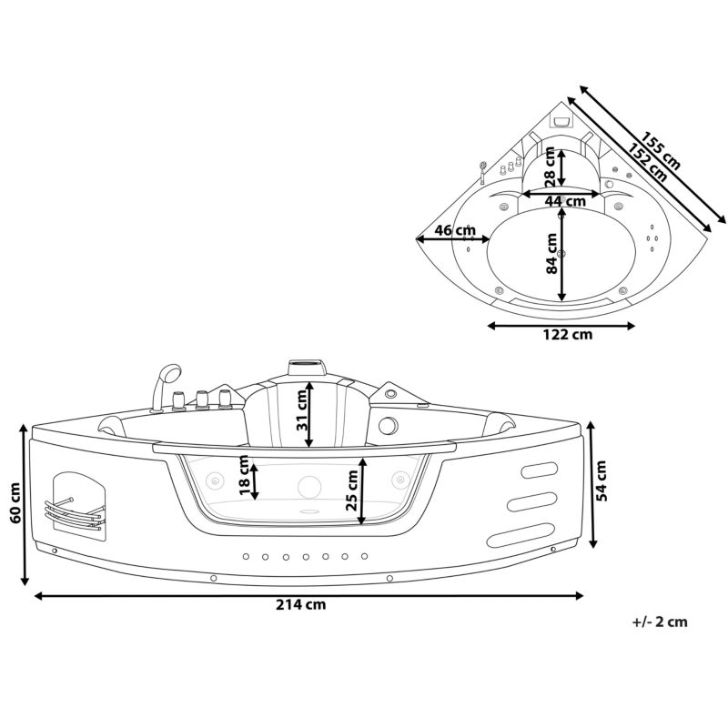 Wanna narożna z hydromasażem LED Martinica 214 x 155 cm Biały 1 szt.