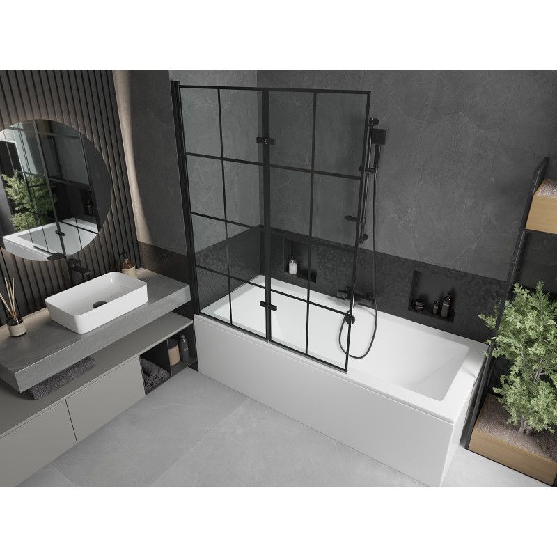 Wanna prostokątna Mexen Cube 180 x 80 cm z obudową i parawanem 2-skrzydłowym 120 cm czarny wzór 1 szt.