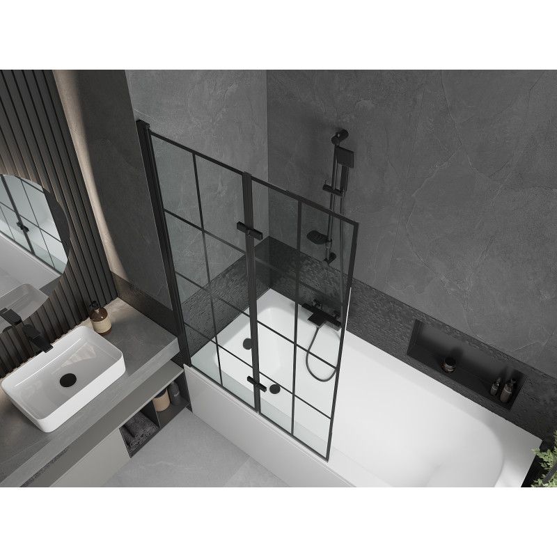 Wanna prostokątna Mexen Vega 150 x 70 cm z obudową i parawanem 2-skrzydłowym 100 cm czarny wzór 1 szt.