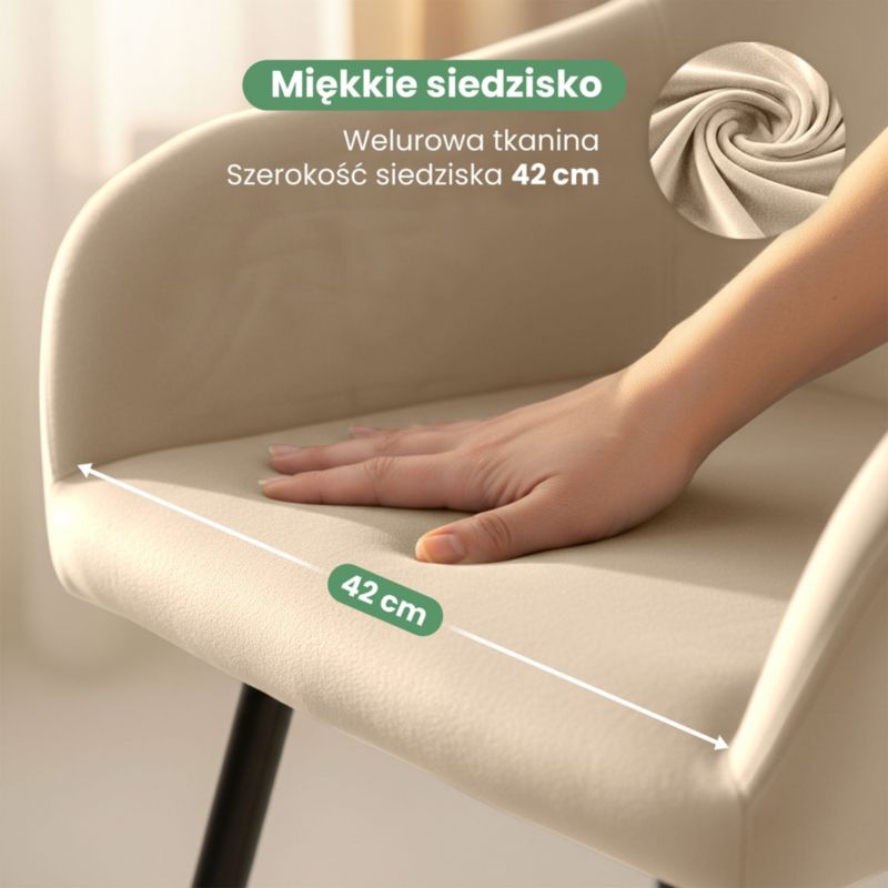 Welurowe krzesło tapicerowane gładkie AKORD Beżowe ESTELLE Czarne nogi 4 szt.