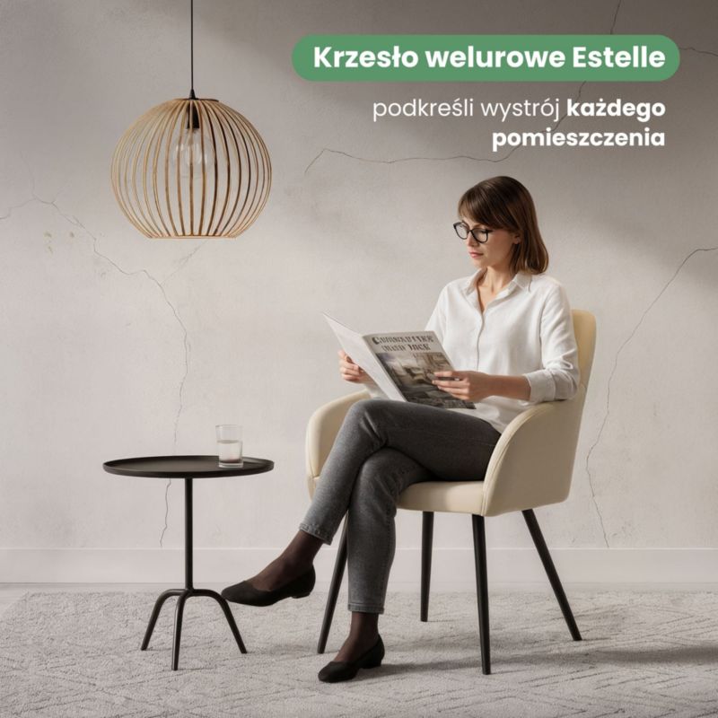 Welurowe krzesło tapicerowane gładkie AKORD Beżowe ESTELLE Czarne nogi 4 szt.