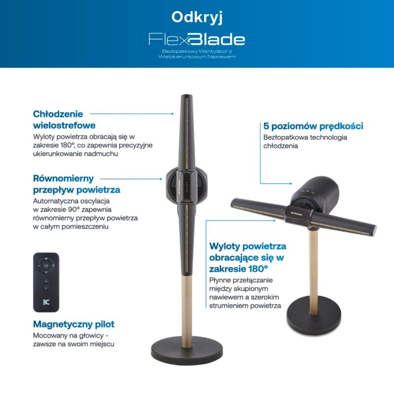 Wentylator bezłopatkowy Dimplex FlexBlade 180 2 kierunki powietrza 5 prędkości 36 dB pilot magnetyczny 1 szt.