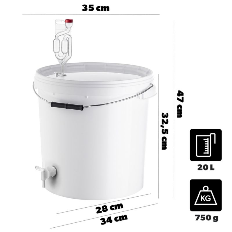 Wiadro fermentacyjne KADAX Zestaw z pokrywą, uchwytem, korkiem obrotowym, korkiem fermentacyjnym 20L 1 szt.