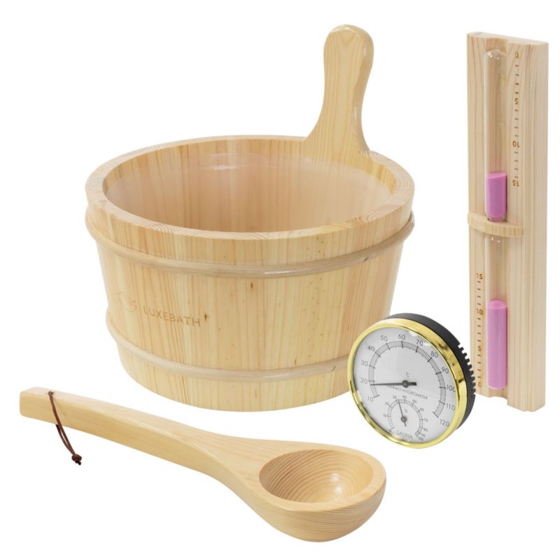 Wiadro sauny LuxeBath zestaw sosnowy wiadro do polewania 4,5 litra chochla drewniana termometr i higrometr klepsydra 1 szt