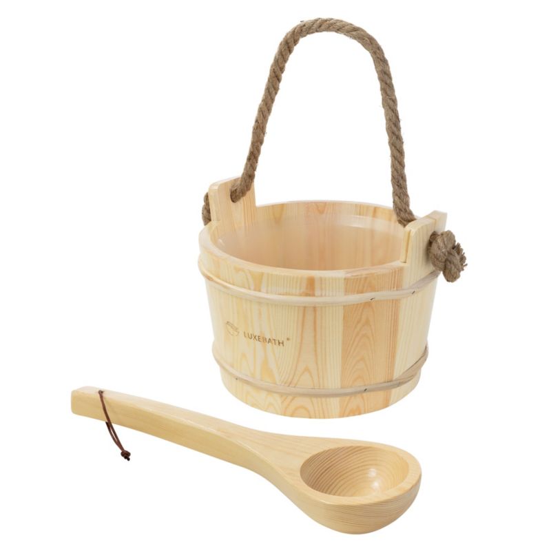 Wiadro sauny LuxeBath zestaw z drewna sosnowego 2 elementy pojemność 4l plastikowy wkład chochla uchwyt linowy akcesoria spa 1 szt