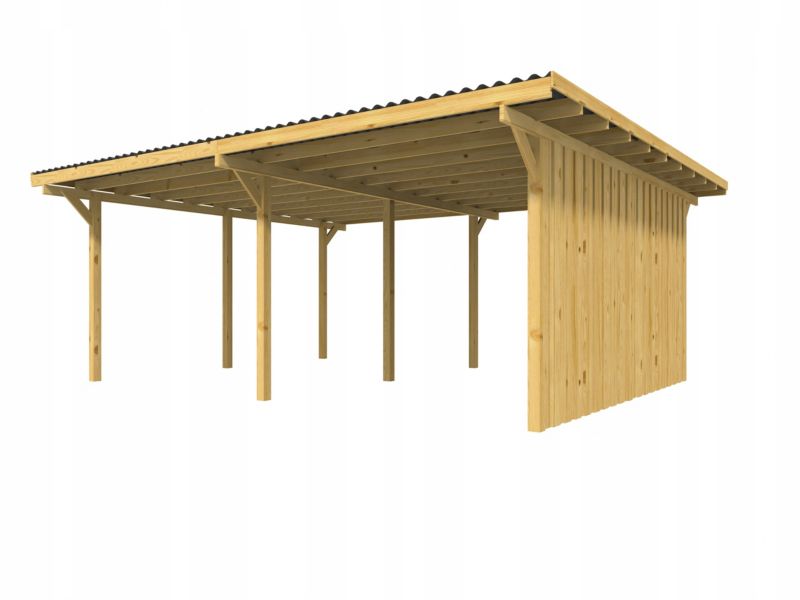 Wiata garażowa RSCBis drewniana 595 x 495 cm podwójna dach PVC 2 ściany boczne 1 szt.