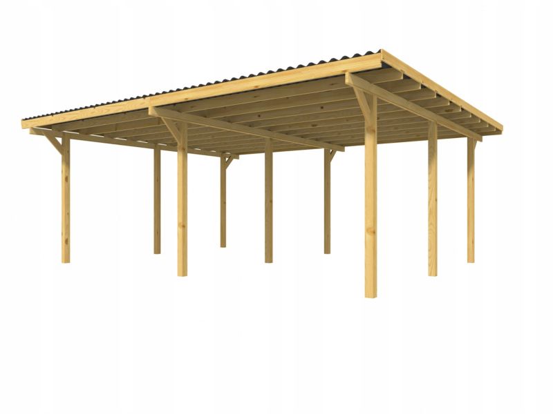 Wiata garażowa RSCBis drewniana 595 x 495 cm podwójna dach PVC 2 ściany boczne 1 szt.