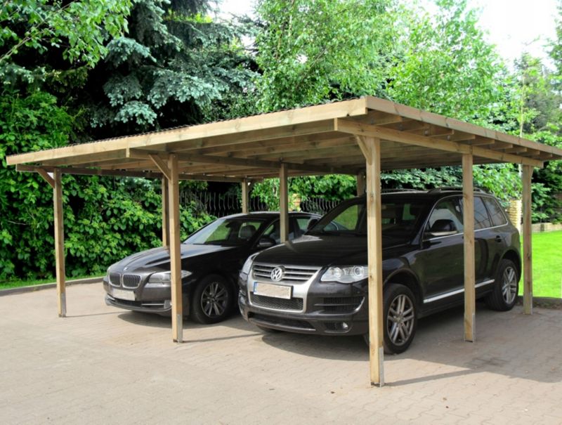 Wiata garażowa RSCBis drewniana 595 x 495 cm podwójna dach PVC 2 ściany boczne 1 szt.