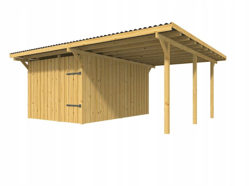 Wiata garażowa RSCBis drewniana podwójna 595 x 495 cm z dachem PVC i drzwiami 1 szt.