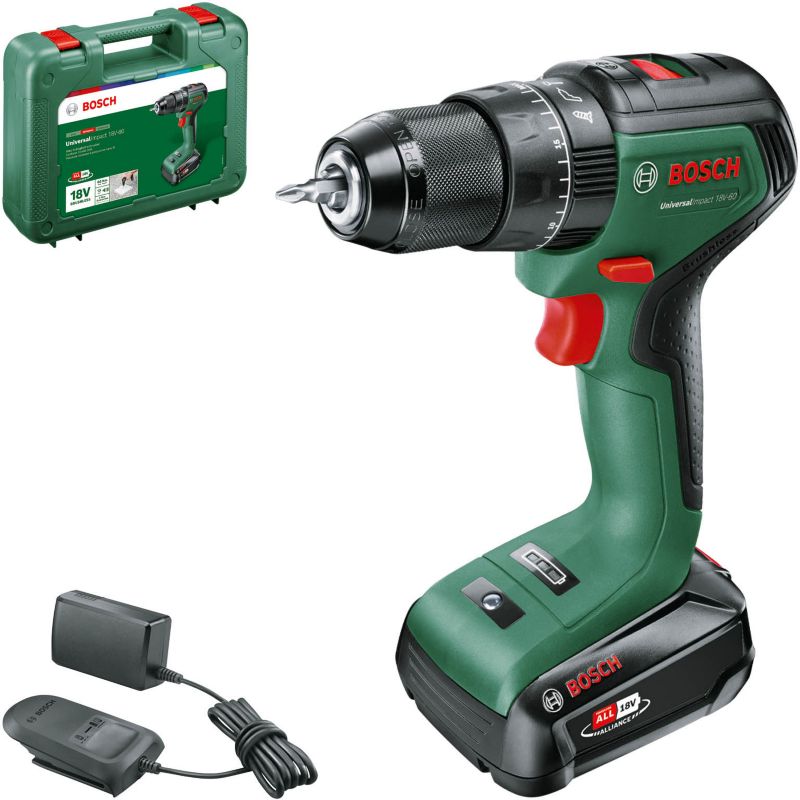 Bosch Home and Garden Akumulatorowa Wiertarka Udarowa Bosch Universalimpact 18V-60, 1 Akumulator 2 Ah, System 18V, Walizka