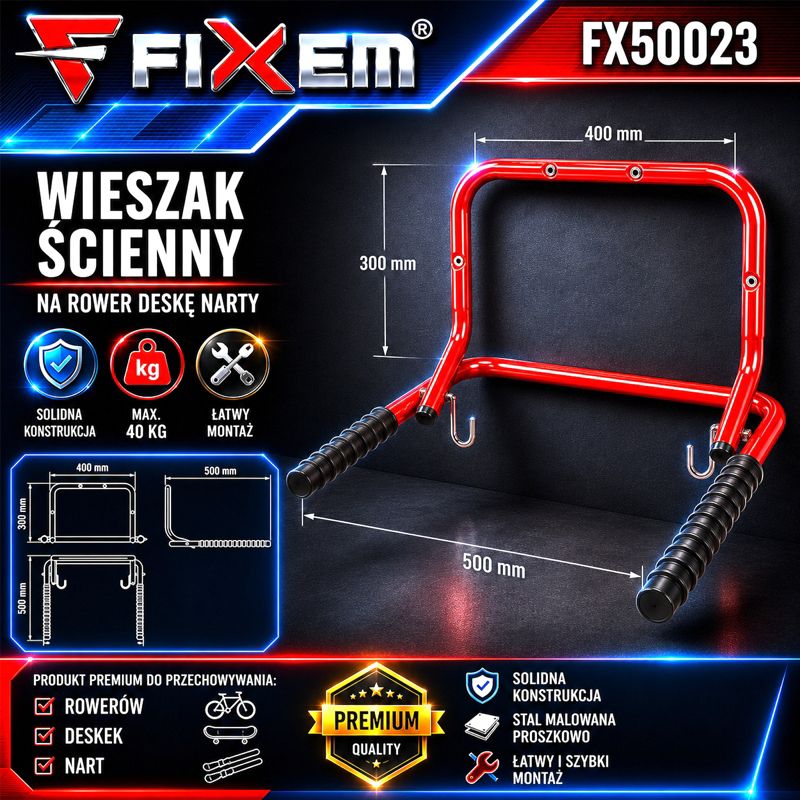 Wieszak ścienny na rower deskę narty składany uchwyt hak 40kg Fixem 1szt
