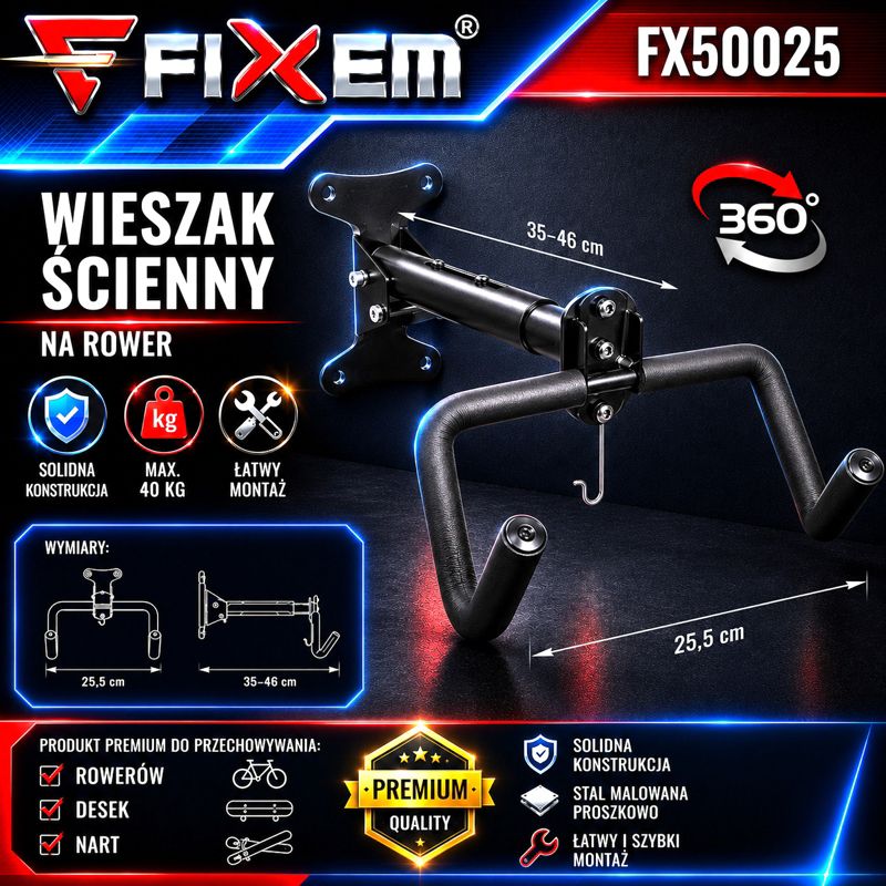 Wieszak ścienny na rower uchwyt naścienny rowerowy mocny hak regulowany Fixem 1szt