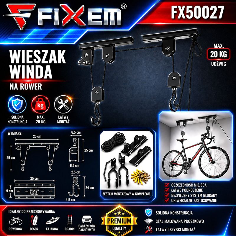 Wieszak ścienny podwieszany na rower uchwyt rowerowy sufitowy winda haki Fixem 1szt