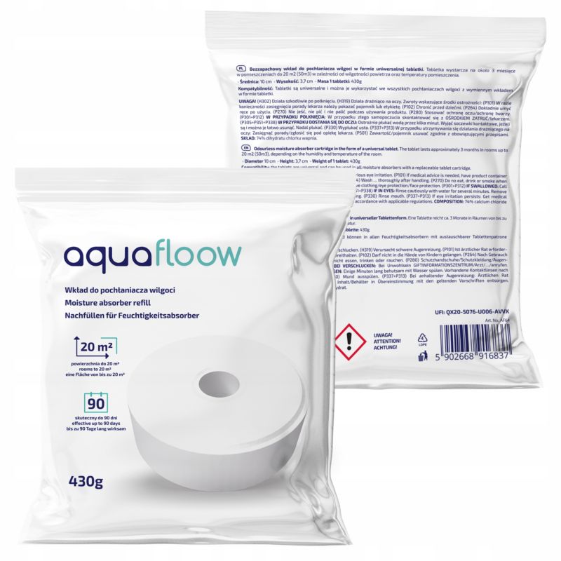 Wkład do pochłaniacza wilgoci, AquaFloow, tabletki, bezzapachowe, uniwersalne, 4x 430g, 4szt