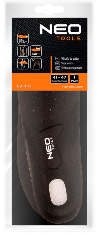 Wkładki do butów NEO TOOLS sportowe, żelowe, do docięcia rozmiar 41-47, 1 para