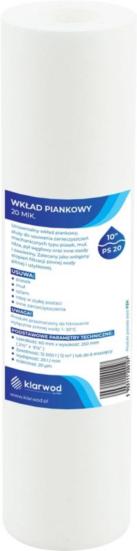 Wkład polipropylenowy Klarwod do filtra 10 PS 20 mikronów