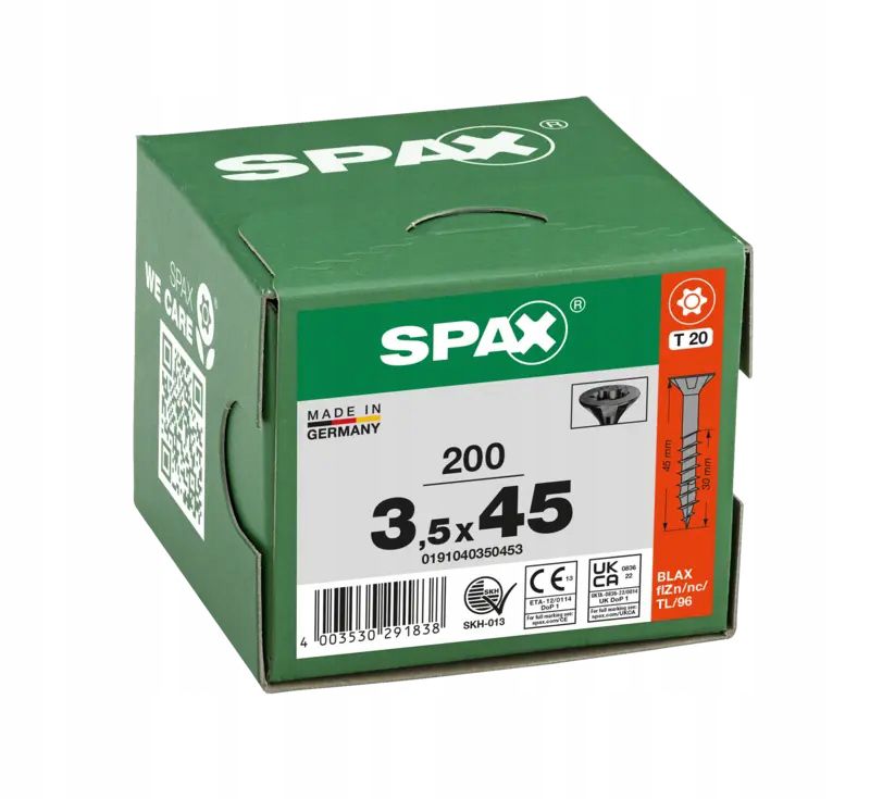 Wkręty Do Drewna Spax3,5X45Mm Torx,Niepełny Gwint,Łeb Stożkowy,Czarne200Szt