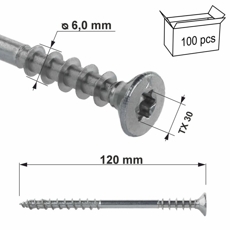 Wkręty dystansowe do poziomowani łat Klimas WKSS 6x120 mm na torx 100szt