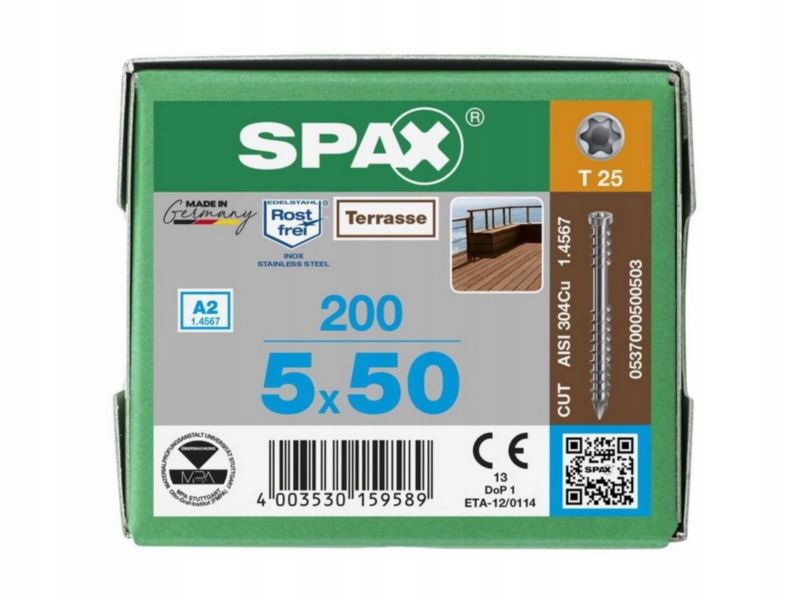 Wkręty Tarasowe Nierdzewne Spax  5x50mm Srebro-Inox  200Sszt.