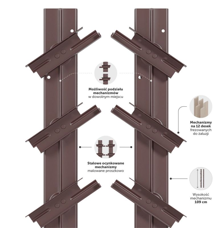 WOODINO Stalowy system do żaluzji, ruchome deseczki, BRĄZ Shutters 109 - 1 para
