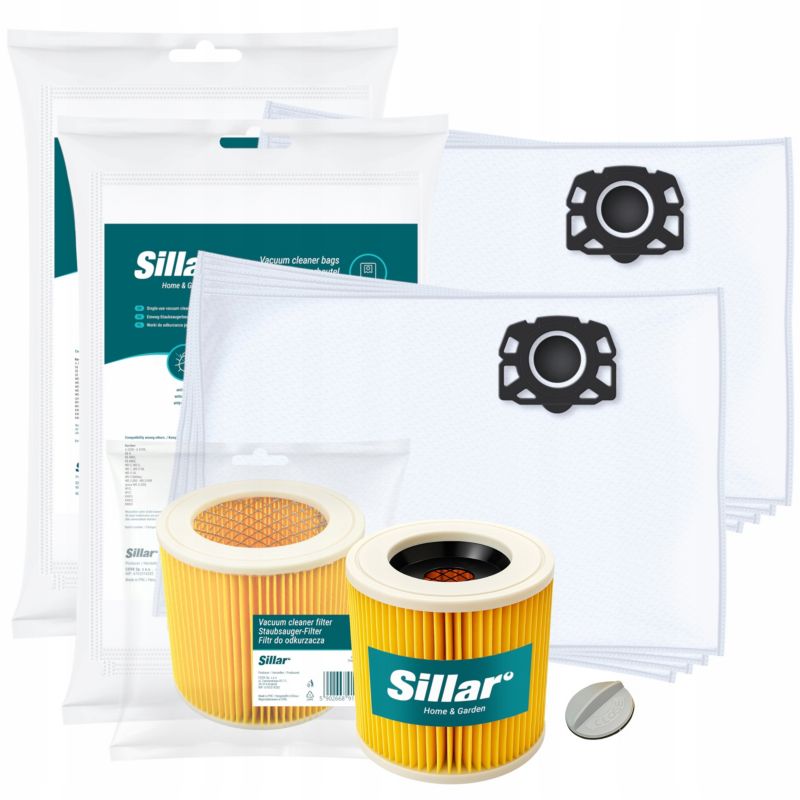 Worki do odkurzacza, Sillar, syntetyczne, 8szt+filtr, wzmocniony, 1szt, zamiennik, do Karcher WD1 WD2 WD3 KWD2 KWD3, 9szt