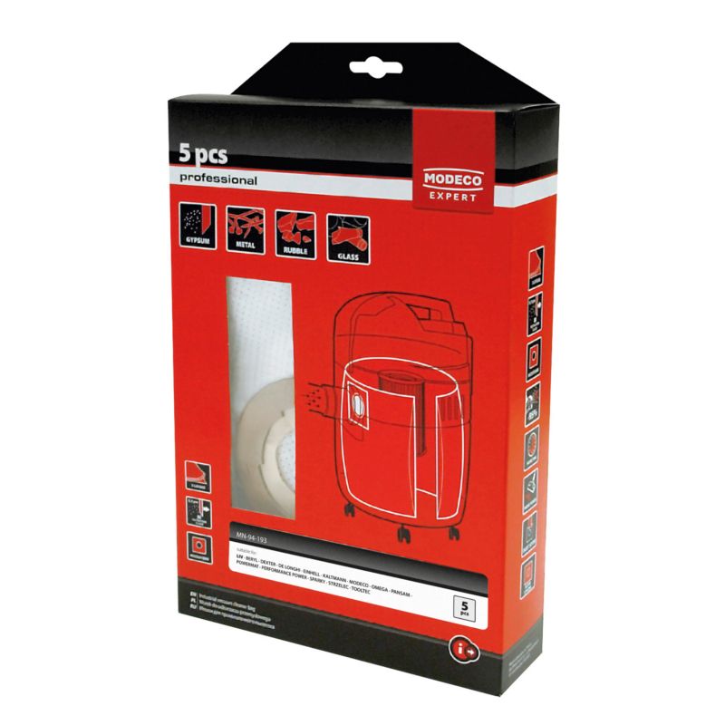 Worki do odkurzaczy przemysłowych Modeco Expert Delonghi Dexter Einhell MN-94-151 - opakowanie kartonowe - 5 szt.