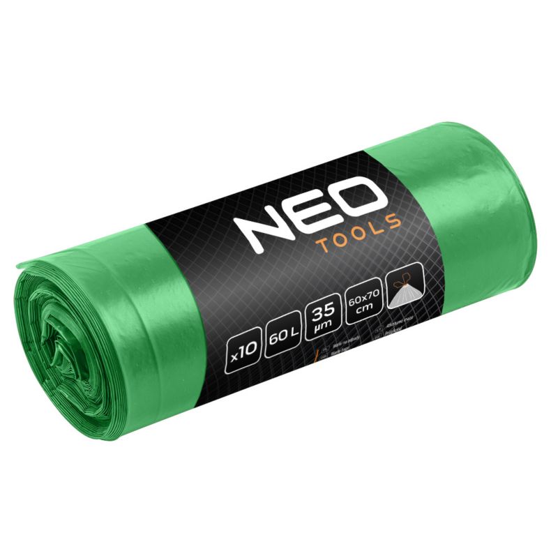 Worki na odpady NEO TOOLS 60 L, zielone z taśmą, 35 mic, 10 szt. 1 kpl