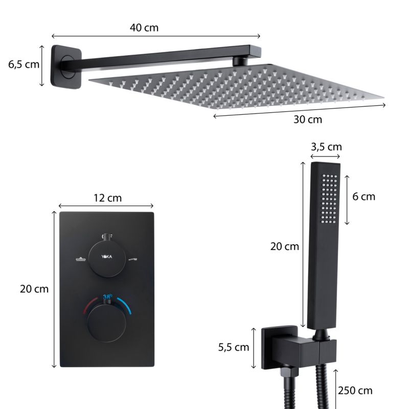 Yoka Home Zestaw prysznicowy podtynkowy LOPPA 30 czarna mat z termostatem i deszczownicą 30x30 cm - 1 szt.
