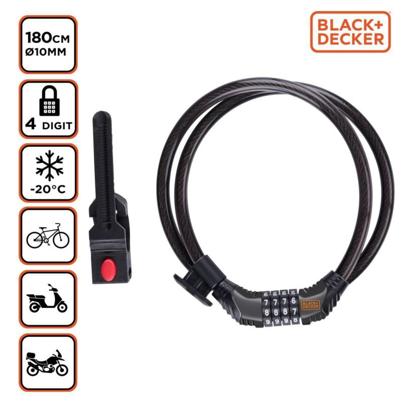 Zapięcie Black+ Decker rowerowe linka na szyfr 10 x1800mm z uchwytem 1szt.