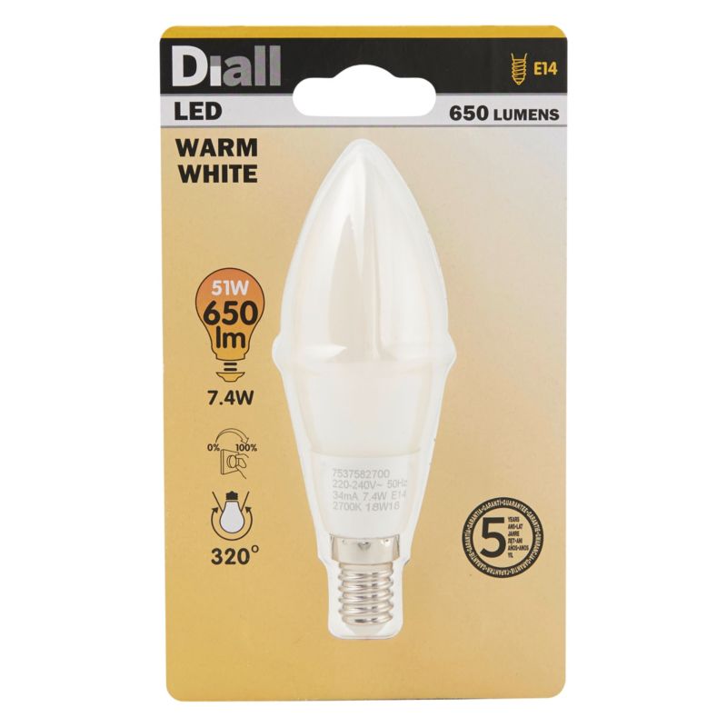 Żarówka LED Diall B35 E14 7,4 W 650 lm mleczna barwa ciepła DIM