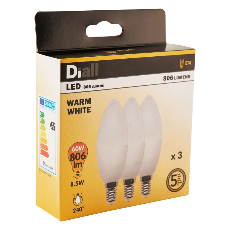 Żarówka LED Diall C37 E14 8 W 806 lm mleczna barwa ciepła DIM 3 szt.