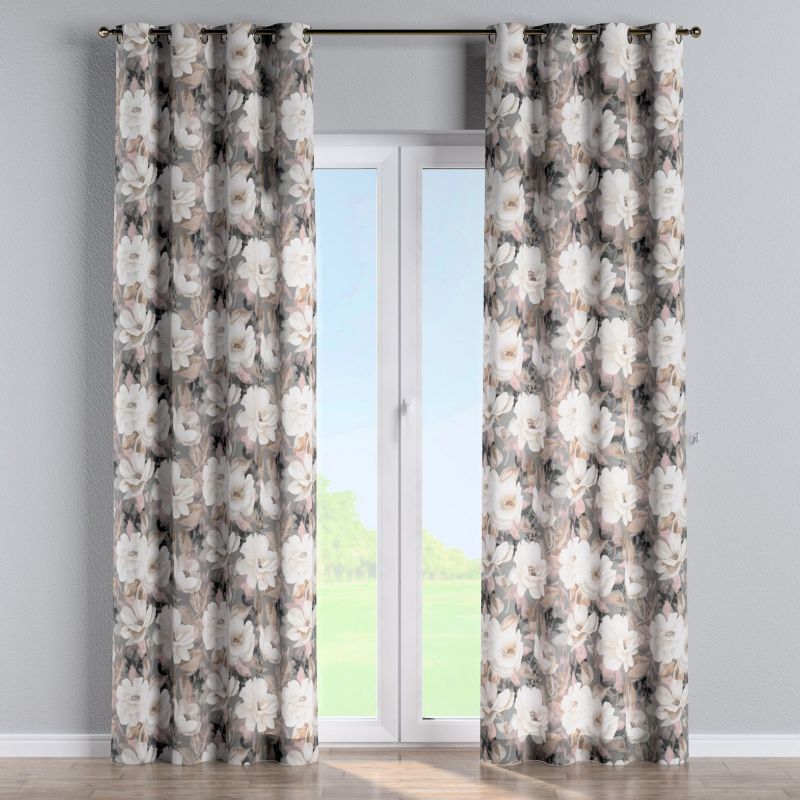 Zasłona na kółkach Dekoria 130x260 cm Gardenia kremowe i różowe kwiaty na szarym tle 1 szt.