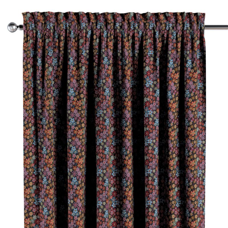 Zasłona na kanale z grzywką Dekoria 130x245 cm Intenso Premium kolorowe kwiaty na czarnym tle 1 szt.