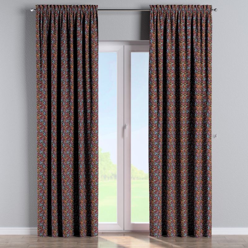 Zasłona na kanale z grzywką Dekoria 130x245 cm Intenso Premium kolorowe kwiaty na czarnym tle 1 szt.